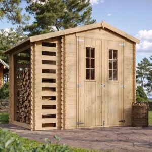 TIMBELA M386C+M386G Casetta da Giardino in Legno per Esterni con legnaia CON PAVIMENTO TRATTATO- L206xL272xA218 cm/ 3,53 m2 + 0,97 m2