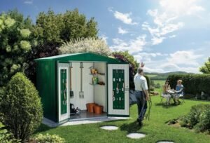 Casetta da giardino BIOHORT Europa 3 in acciaio verde con porta doppio battente, superficie interna 3.33 m² e spessore parete 0.5 mm