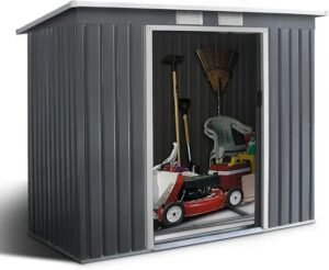 Capanno da giardino in metallo con base 2,8m2 - 213x130x173CM-2 porte scorrevoli e 2 finestre, capanno per attrezzi, grigio